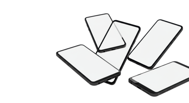 Five sleek, unbranded black smartphones with illuminated blank white screens, angled on a transparent studio background with ample copy space, showcasing digital potential