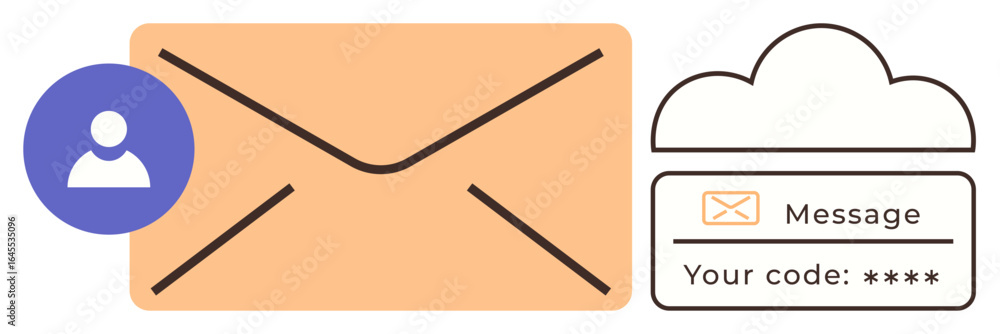 Poster envelope, user profile icon, and cloud with verification code emphasize secure communication. ideal 