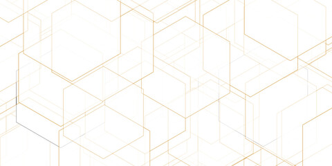 Geometric hexagon overlap illustration in gold creating a modern tech inspired design featuring intersecting lines and shapes on a white field