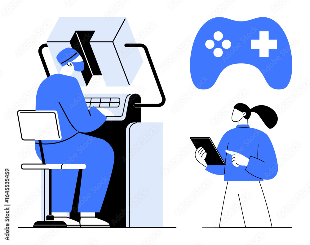 Poster professional at desktop computer creating game features, while designer analyzes ideas on tablet. id