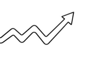 Crisp black outline arrow, elegant 2D minimalist graphic, sweeping upward on transparent background with copy space, top-down view, high-key studio lighting, concept of upward progress