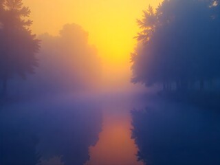 Fototapeta premium Ethereal Lake Landscape Captures Tranquil Reflections of Misty Trees and a Vibrant Yellow Sky at Sunset