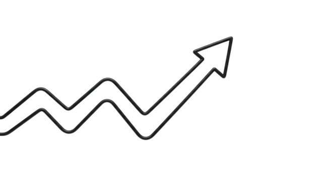 Crisp black outline arrow, elegant 2D minimalist graphic, sweeping upward on transparent background with copy space, top-down view, high-key studio lighting, concept of upward progress