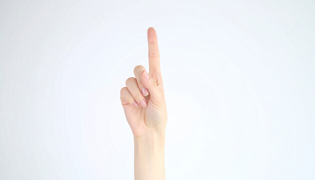 Female Hand with Raised Index Finger Gesture on White Background