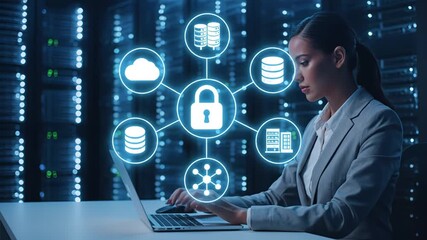 A businesswoman in a light gray suit works on a laptop in a data center, with a glowing holographic security interface featuring a central lock icon connected to cloud, database, and network icons, sy - Powered by Adobe