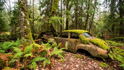 Moss-covered vintage car rests in a lush, overgrown forest