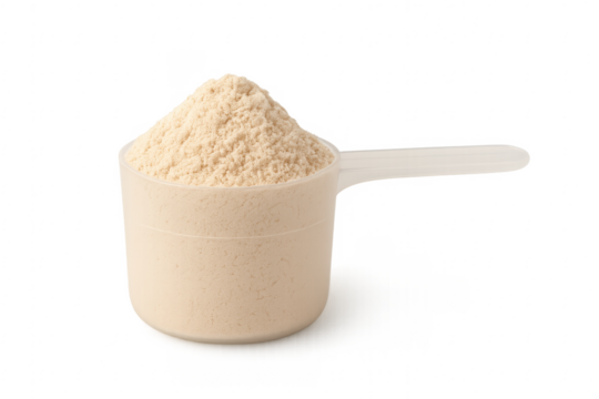 Protein powder scoop isolated with a transparent backdrop