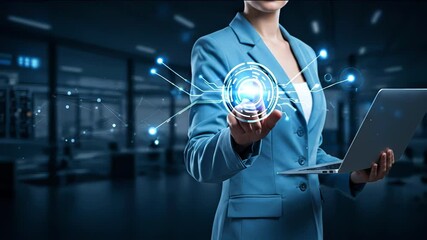 Businesswoman using laptop and interacting with futuristic holographic interface and network connections in data center. Concept of technology innovation, virtual data and advanced digital solutions
 - Powered by Adobe
