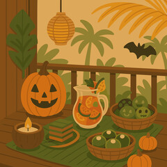 Tropical Porch with Local Halloween Decorations