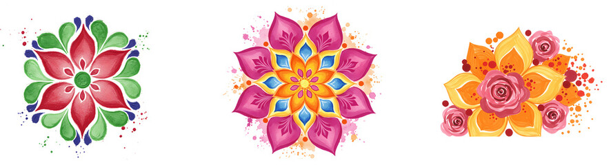 Three floral arrangements showcasing different color palettes and petal designs in a watercolor style on transparent background