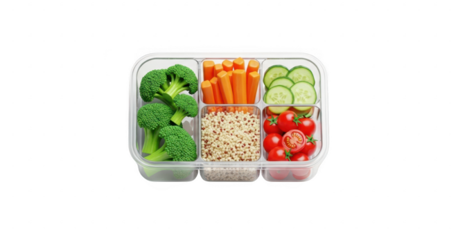 3d icon of healthy vegetable and grain meal prep container with broccoli, carrots, cucumbers, tomatoes, and grains, isolated on transparent background