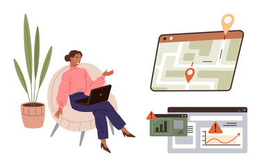 Woman seated with laptop, exploring location map, charts, and analytics dashboards. Ideal for technology, analysis, business strategy, remote work, digital navigation data visualization modern
