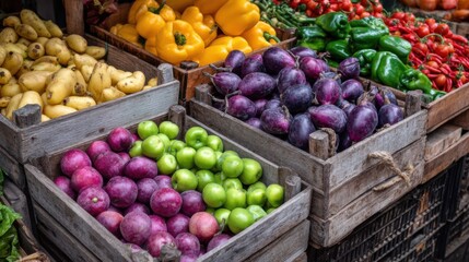 Vibrant display of fresh vegetables and fruits at a local market in summer time