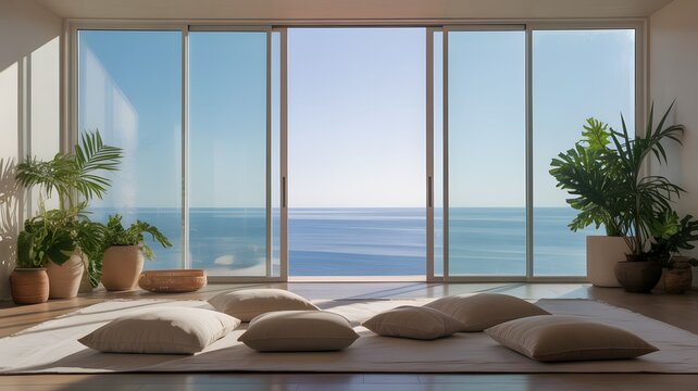 Fototapeta Peaceful Living Room with Ocean View and Plants Keywords: living room, ocean view, sliding glass