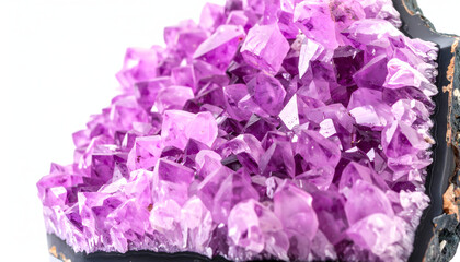 Fototapeta premium Close-up of a cracked geode revealing a stunning interior of sparkling, vibrant purple amethyst crystals.