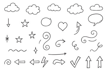 Decorative doodles sketch scribble hand drawn handmade pencil pen marker set vector graphic design illustration art for business infographic journal set pointing arrow speech bubble line outline shape
