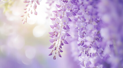 Obraz premium Vibrant Purple Wisteria Flowers Hanging in Sunlit Garden