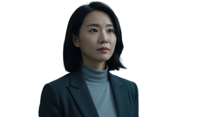 East Asian woman, mid-30s, in charcoal blazer, intensely focused off-camera in a high-tech corporate office with blurred background, embodying strategic insight and analytical clarity. Concept of