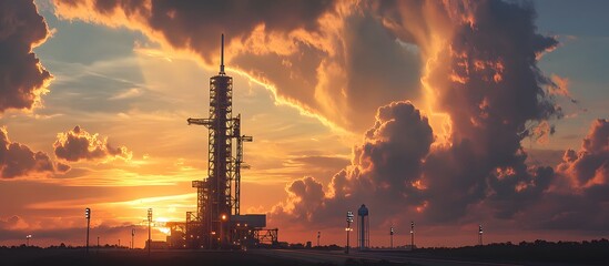The launch pad of the space center, with a rocket ready for takeoff against the backdrop of a sunset. The background 