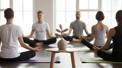People meditating in a yoga class with eyes closed meditation group