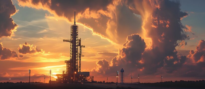 The launch pad of the space center, with a rocket ready for takeoff against the backdrop of a sunset. The background  - Powered by Adobe