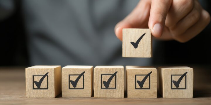 Wooden blocks with check marks signify task completion in a workspace during daytime - Powered by Adobe