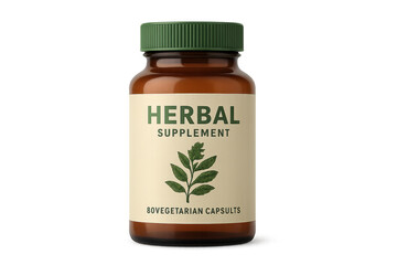 Herbal supplement bottle with green lid on transparent background
