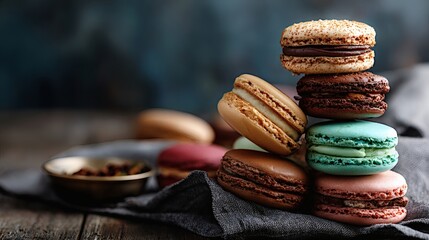 Close-up of assorted colorful macarons stacked on rustic wooden table with blurred background
