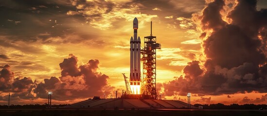 The launch pad of the space center, with a rocket ready for takeoff against the backdrop of a sunset. The background 
