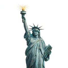 The statue of liberty holding a torch in her raised hand against a white background in full view
