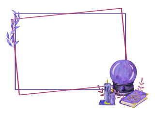 Watercolor illustration set of mythical esoteric elements and spiritual witchcraft items. Spellbook, celestial crystals, potion, candles, mushroom, tarot. Ideal for fantasy design, witchcraft visuals