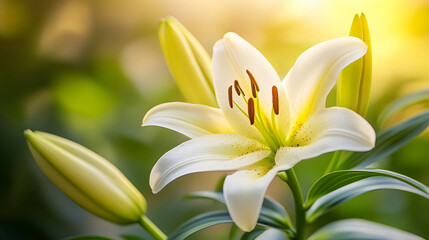 Fototapeta premium Beautiful White Lily Flower with Green Leaves in Sunlight