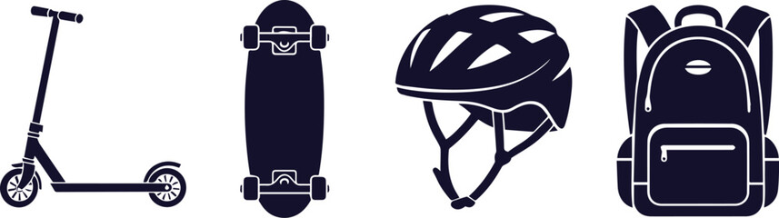 Transportation: a scooter, a skateboard, a bicycle helmet, and a backpack, flat vector