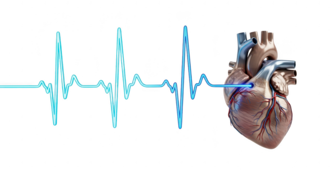 3d icon of heart with ecg line isolated on transparent background, representing cardiac health, monitoring, and medical technology in a modern illustration
