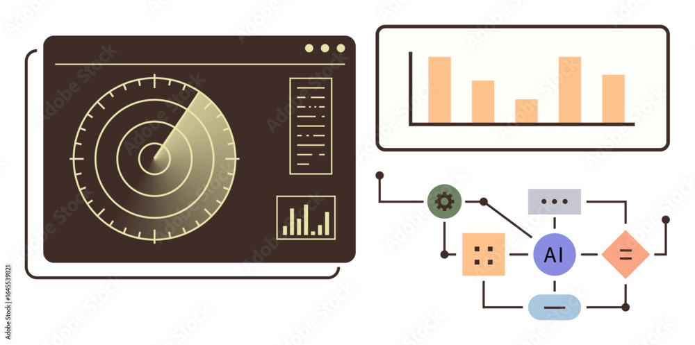 Poster radar screen with signals, bar chart for data tracking, ai workflow diagram with node and gear conne