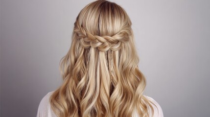 Naklejka premium Back view of a woman with a half-up braided hairstyle
