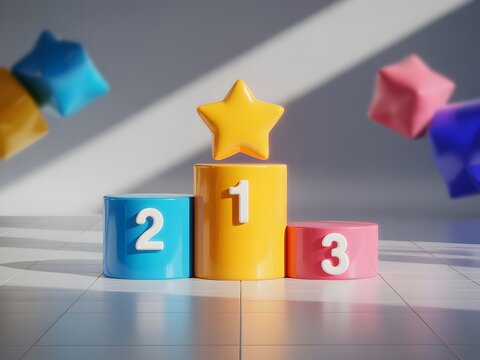 Vibrant Podium Showcase First Second and Third Place with Floating Star Cubes and Clean Background for Product Display - Powered by Adobe