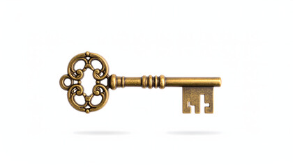 An exquisitely crafted antique golden key, ornate and detailed, gracefully levitating on a pristine white background, symbolizing unlock or success.