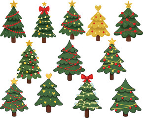 Fototapeta premium Collection of cartoon Christmas trees with various decorations and ornaments