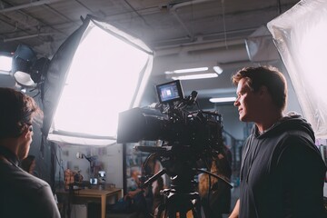 Behind the Scenes: Two people involved in the filmmaking process, set up a movie camera and preparing for shooting