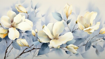 Delicate cream and blue magnolia flowers bloom gracefully on slender branches against a soft, muted backdrop.