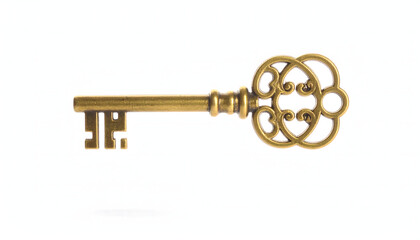 A beautifully crafted, single antique golden key with intricate details, symbolizing mystery and security.
