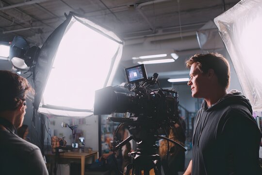 Behind the Scenes: Two people involved in the filmmaking process, set up a movie camera and preparing for shooting