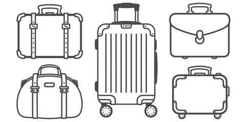 UntitledVector art of collection of luggage and suitcases isolated on white background, featuring various styles and sizes for travel, including wheeled suitcases, duffel bags, and briefcases