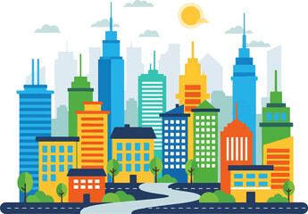 Modern city, town street flat vector with low-rise houses, commercial, public buildings in various architecture styles, sidewalk with city lights and road illustration. Metropolis outskirt background