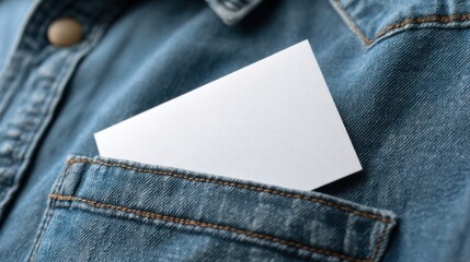 Blank card tucked into a denim jacket pocket during a casual outing in a city setting