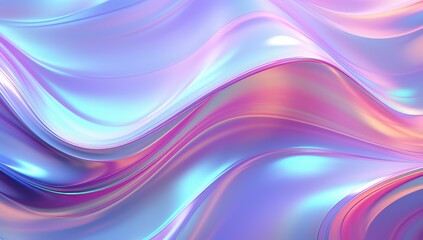 Shiny, iridescent waves flow smoothly in pastel hues of blue, purple, and pink, creating a fluid, futuristic, and abstract metallic texture.