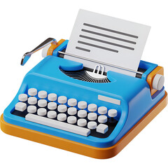 Vintage typewriter icon 3D blue typewriter with paper  
