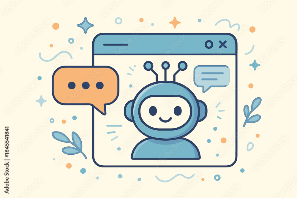 Poster cute chatbot robot icon in browser window. ai virtual assistant for customer support. online convers