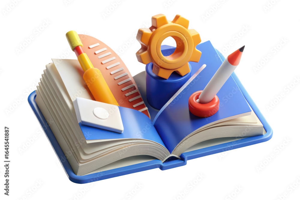Poster 3d open book with stationery elements isolated on transparent background